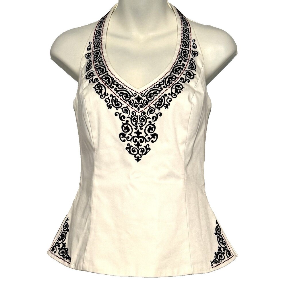 White House Black Market Structured Halter Top Sz US 8 Cotton Embroidered Lined